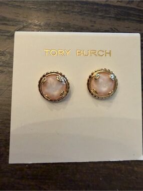 Tory Burch Pink Mother-of-Pearl Disc Stud Earrings with Gold-Tone Trim